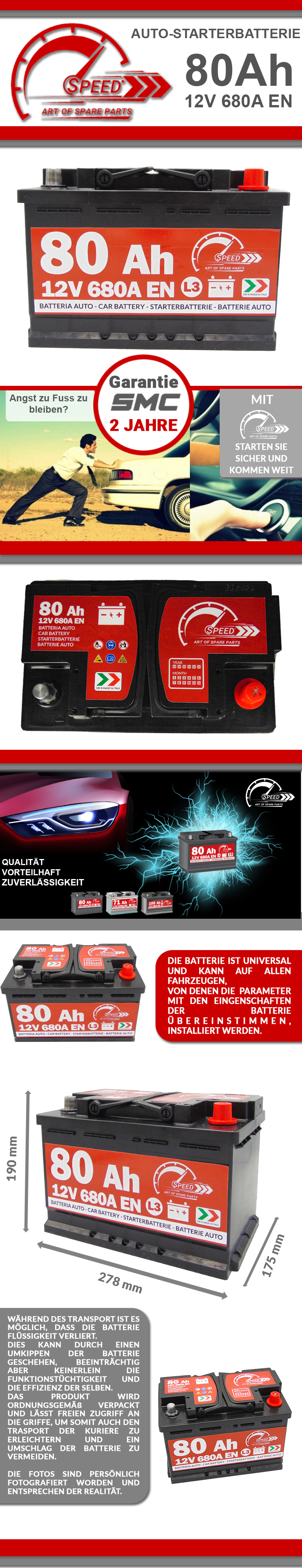 Autobatterie Speed 80Ah 12V 680A EN ersetzt 70Ah 72Ah 74Ah 75Ah 77Ah  Batterie
