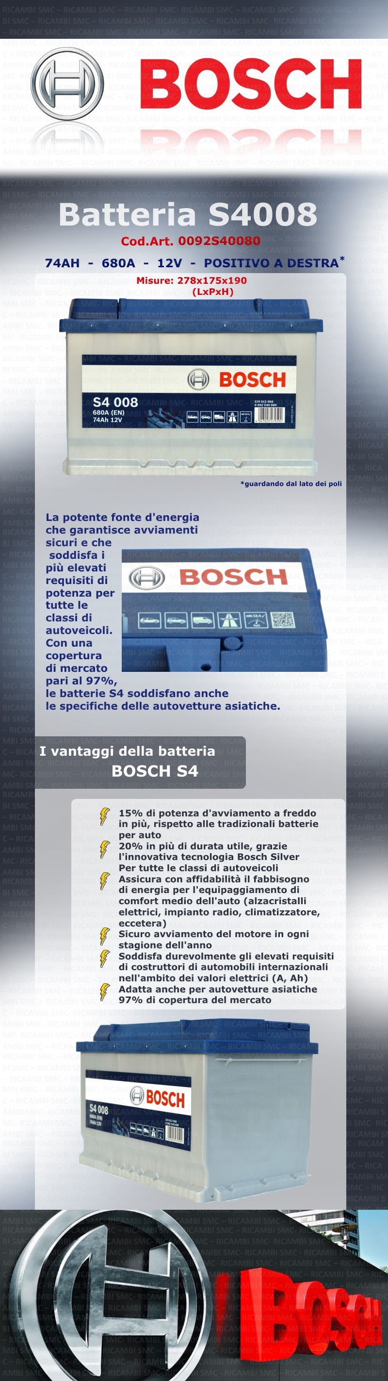 BATTERIA AUTO 74AH Bosch Nuova Originale S4008 Spunto 680A EUR 163