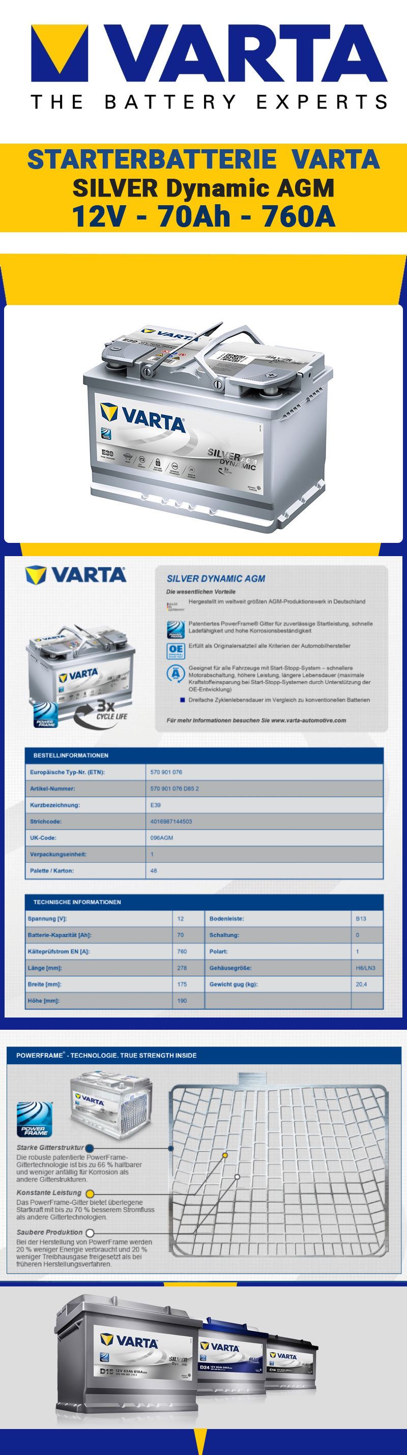 Batterie VARTA E39 Sil-Dyn-Agm 12V 70Ah 760EN Dim 278x175x190 B13 Start  Stop online kaufen