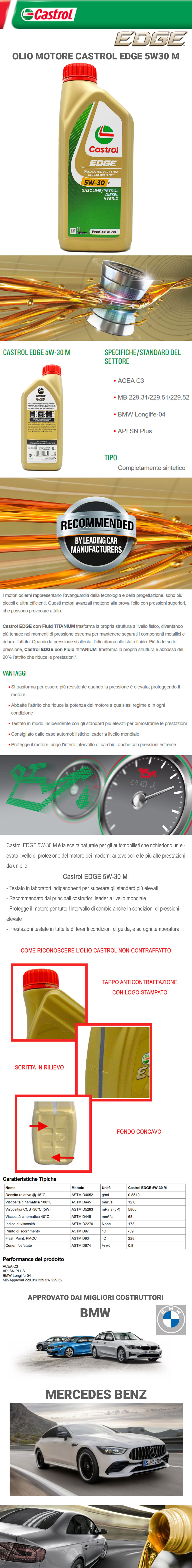 6 LITRI OLIO CASTROL EDGE 5W30 M BMW LONGLIFE 04 ACEA C3 MERCEDES 229.31  229.51