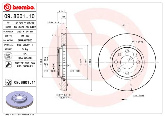 Disco Freno Brembo 09860110 Per Auto Opel - Ricambi auto SMC