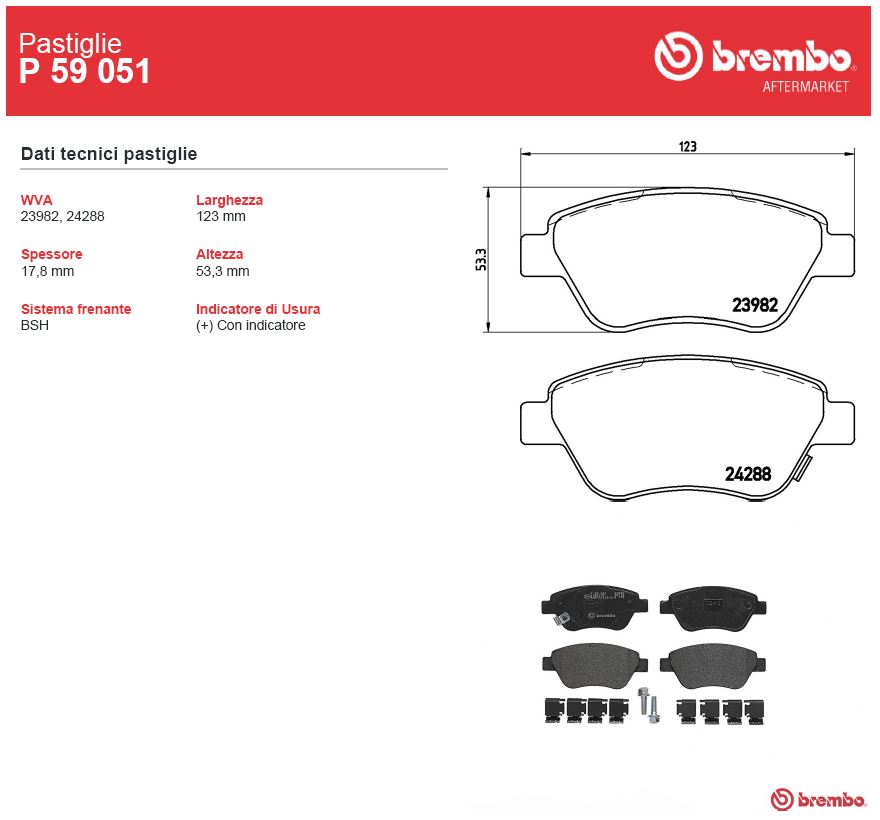 PASTICCHE FRENO ANTERIORI OPEL CORSA D - 1.2 LPG 59 KW 90 CV BREMBO P 59 051